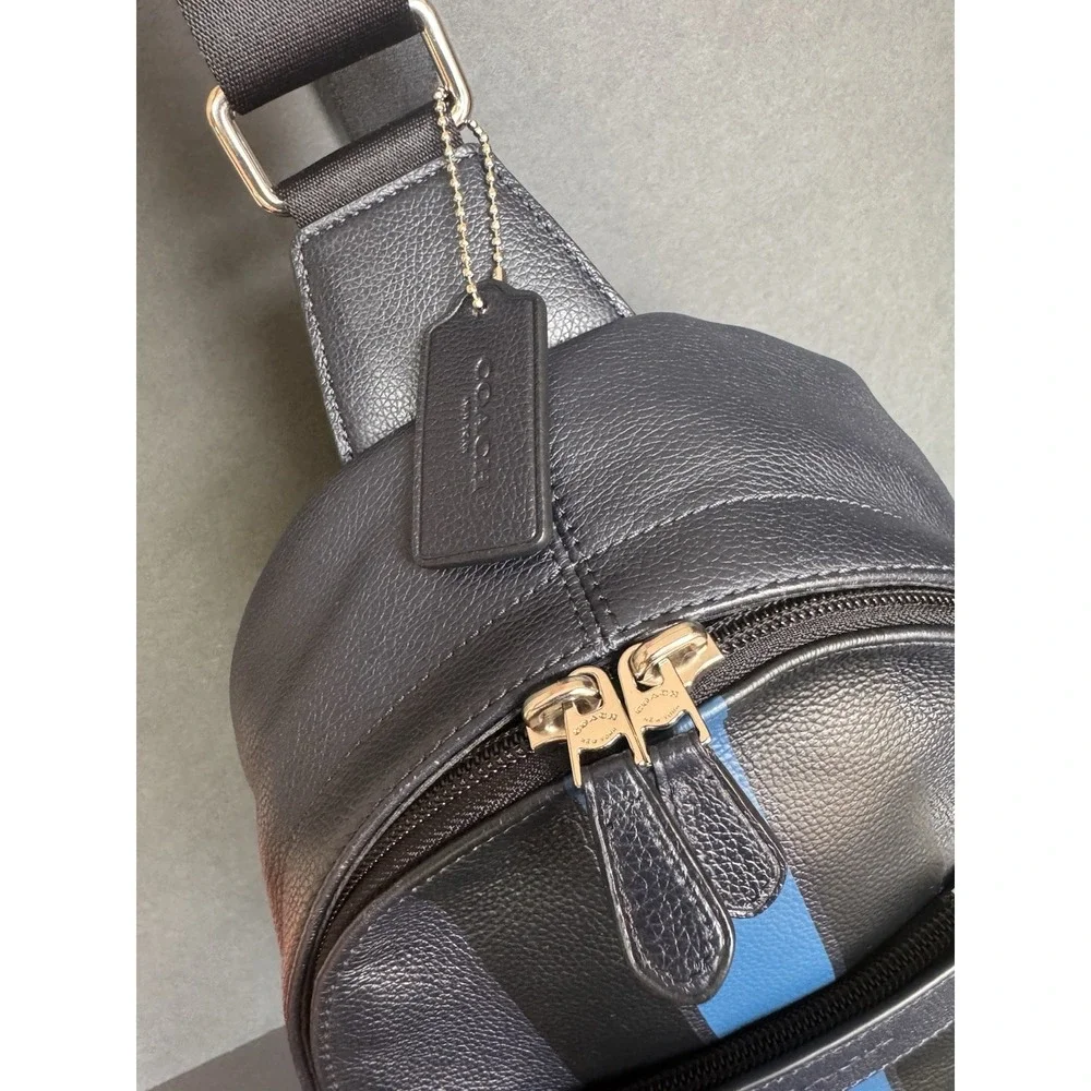 Leather Coach Navy ~ Black Blue Stripes ~ Shoulder Sling Bag Great Style F722226
